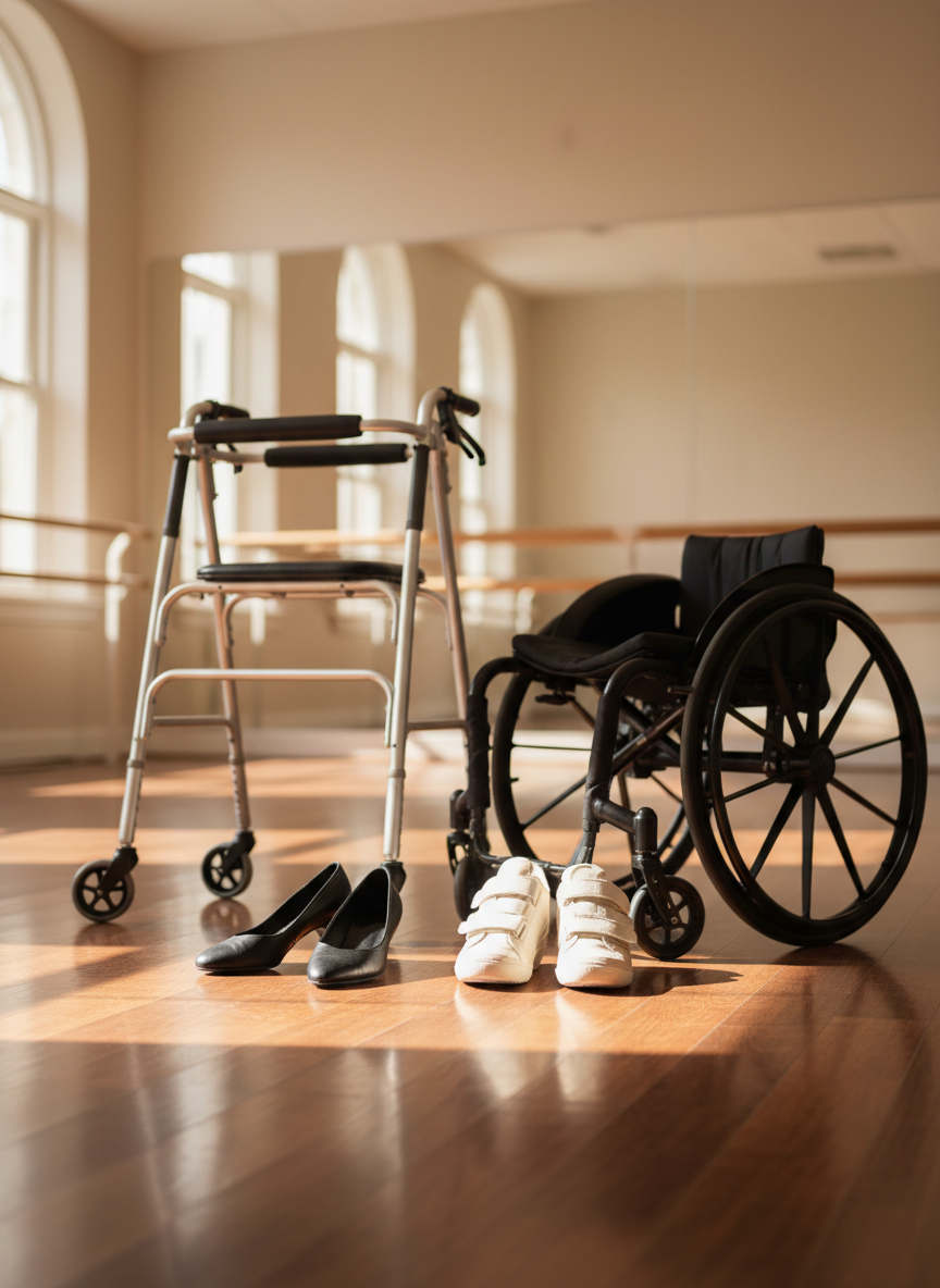 A polished hardwood dance floor in a bright community studio, with two pairs of tango shoes placed close together: one classic black leather pair and one soft adaptive dance sneaker with supportive straps and a slightly wider sole. Nearby, a lightweight aluminum walking frame and a sleek manual wheelchair with curved wheels are positioned as if ready to join the dance. Soft afternoon sunlight filters through tall windows, reflecting off a large wall mirror and creating gentle highlights on the floor. Photographic realism at eye level, with a shallow depth of field that keeps the shoes and assistive devices in crisp focus while the barres and neutral-colored walls blur into a calm, inviting background, conveying inclusion, elegance, and quiet anticipation.